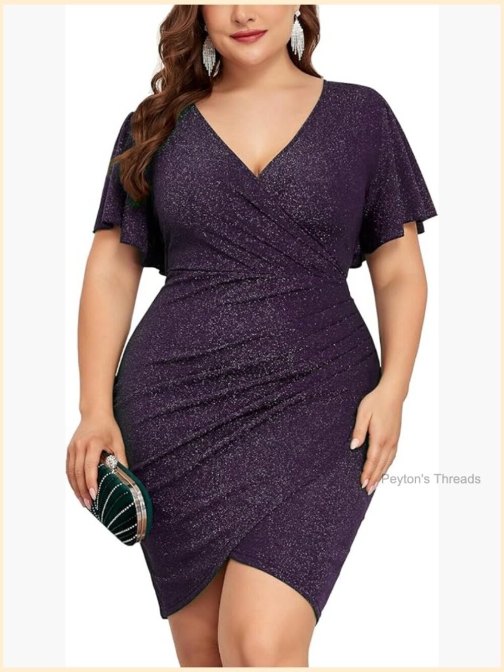 Plus Size Glitter Ruched Bodycon Mini Dress with Ruffle Sleeves